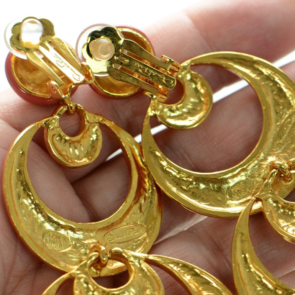 Oscar de la Renta Gold-tone Red Enamel Moon Drop Large Earrings - Picture 4 of 5